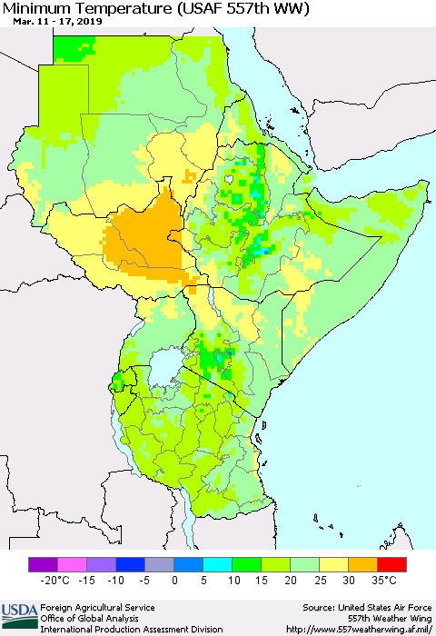 Eastern Africa Mean Minimum Temperature (USAF 557th WW) Thematic Map For 3/11/2019 - 3/17/2019