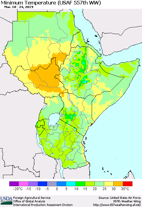 Eastern Africa Mean Minimum Temperature (USAF 557th WW) Thematic Map For 3/18/2019 - 3/24/2019
