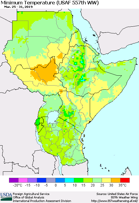 Eastern Africa Mean Minimum Temperature (USAF 557th WW) Thematic Map For 3/25/2019 - 3/31/2019