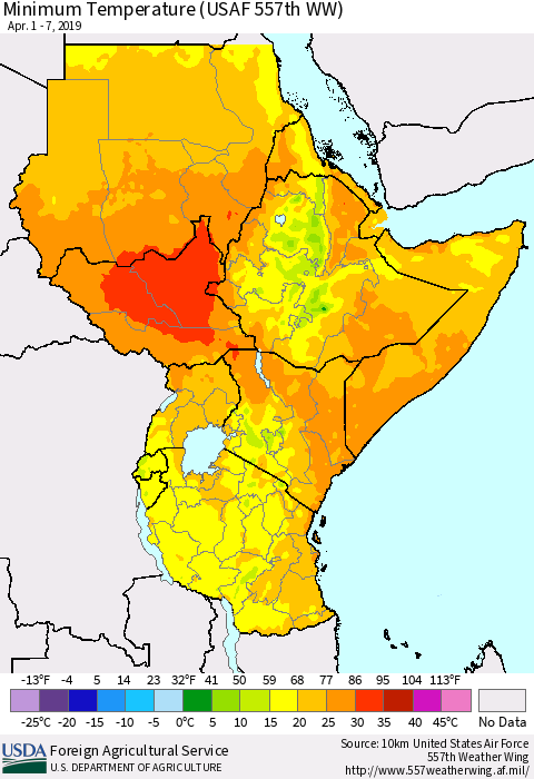Eastern Africa Mean Minimum Temperature (USAF 557th WW) Thematic Map For 4/1/2019 - 4/7/2019