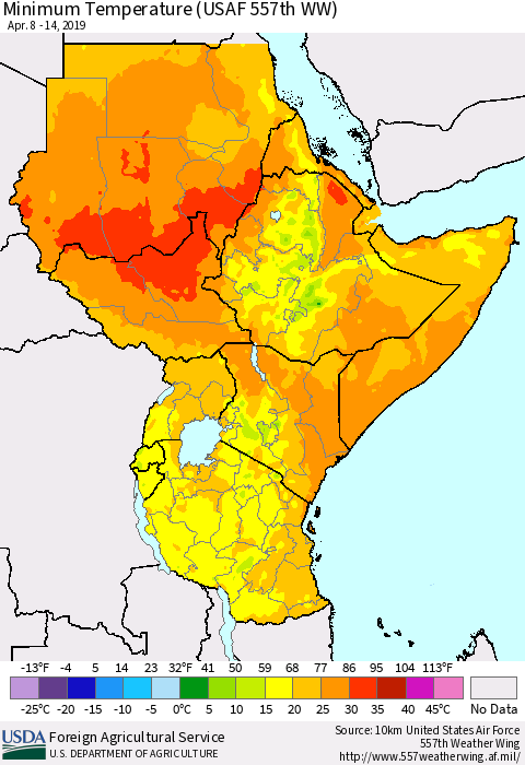 Eastern Africa Mean Minimum Temperature (USAF 557th WW) Thematic Map For 4/8/2019 - 4/14/2019