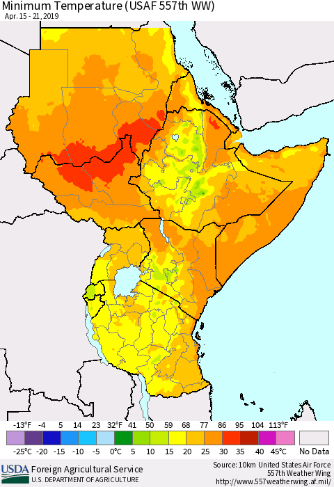 Eastern Africa Mean Minimum Temperature (USAF 557th WW) Thematic Map For 4/15/2019 - 4/21/2019