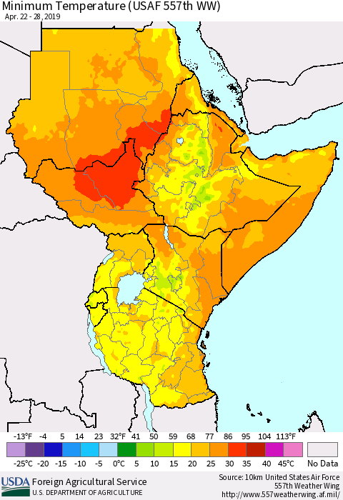 Eastern Africa Mean Minimum Temperature (USAF 557th WW) Thematic Map For 4/22/2019 - 4/28/2019