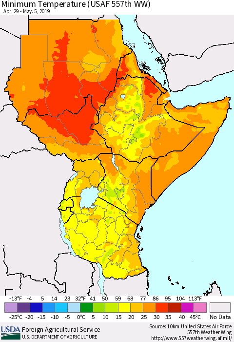 Eastern Africa Mean Minimum Temperature (USAF 557th WW) Thematic Map For 4/29/2019 - 5/5/2019