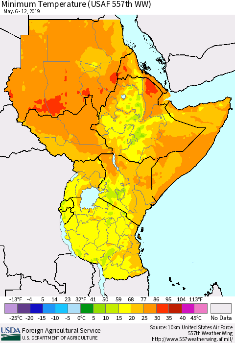 Eastern Africa Mean Minimum Temperature (USAF 557th WW) Thematic Map For 5/6/2019 - 5/12/2019