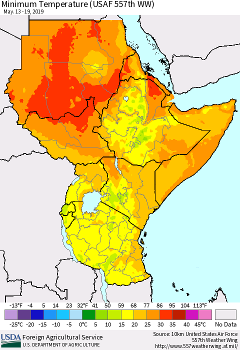 Eastern Africa Mean Minimum Temperature (USAF 557th WW) Thematic Map For 5/13/2019 - 5/19/2019