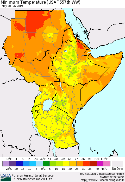 Eastern Africa Mean Minimum Temperature (USAF 557th WW) Thematic Map For 5/20/2019 - 5/26/2019