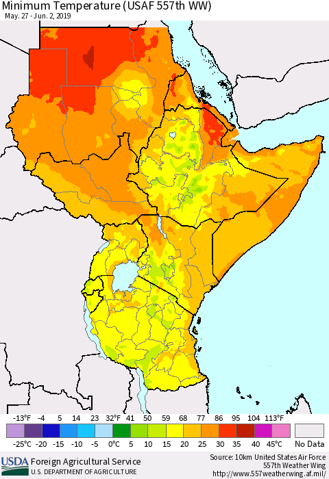 Eastern Africa Mean Minimum Temperature (USAF 557th WW) Thematic Map For 5/27/2019 - 6/2/2019