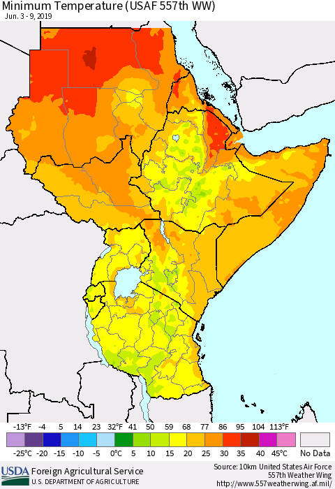 Eastern Africa Mean Minimum Temperature (USAF 557th WW) Thematic Map For 6/3/2019 - 6/9/2019