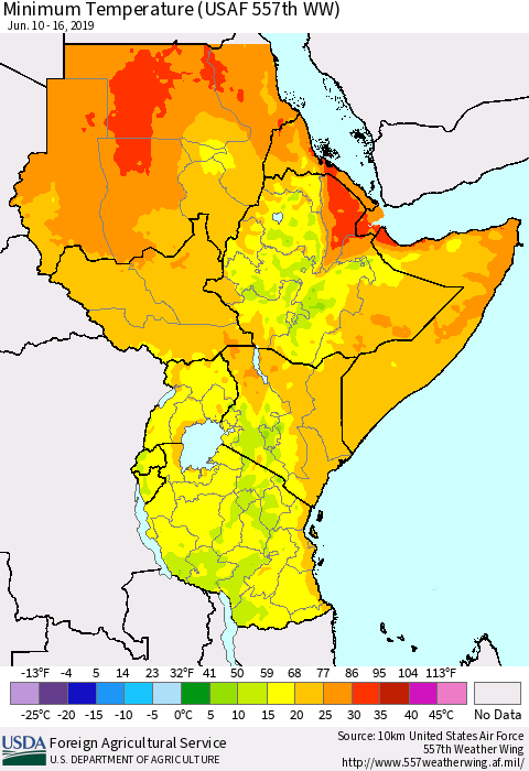 Eastern Africa Mean Minimum Temperature (USAF 557th WW) Thematic Map For 6/10/2019 - 6/16/2019