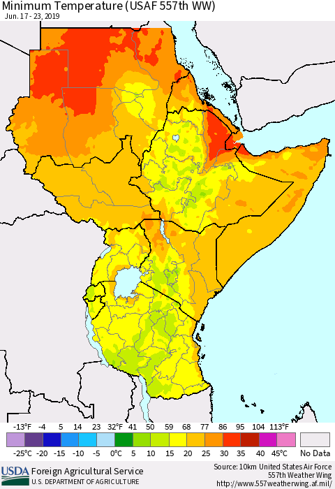 Eastern Africa Mean Minimum Temperature (USAF 557th WW) Thematic Map For 6/17/2019 - 6/23/2019