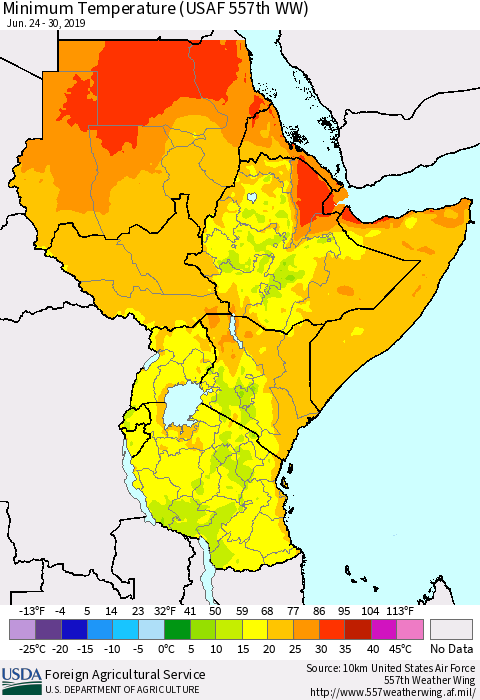 Eastern Africa Mean Minimum Temperature (USAF 557th WW) Thematic Map For 6/24/2019 - 6/30/2019