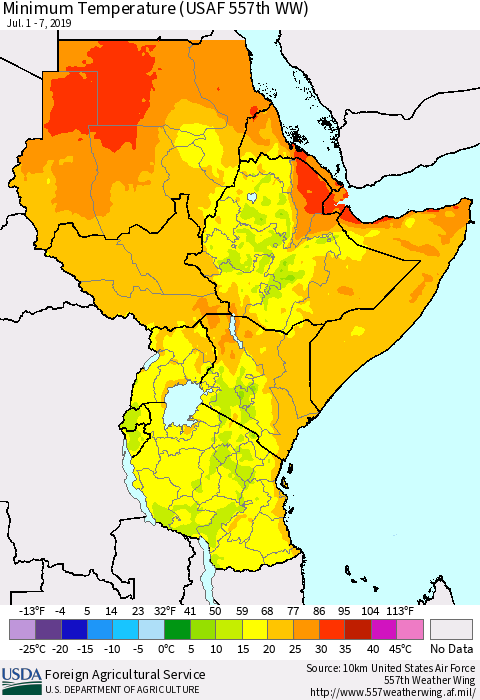 Eastern Africa Mean Minimum Temperature (USAF 557th WW) Thematic Map For 7/1/2019 - 7/7/2019