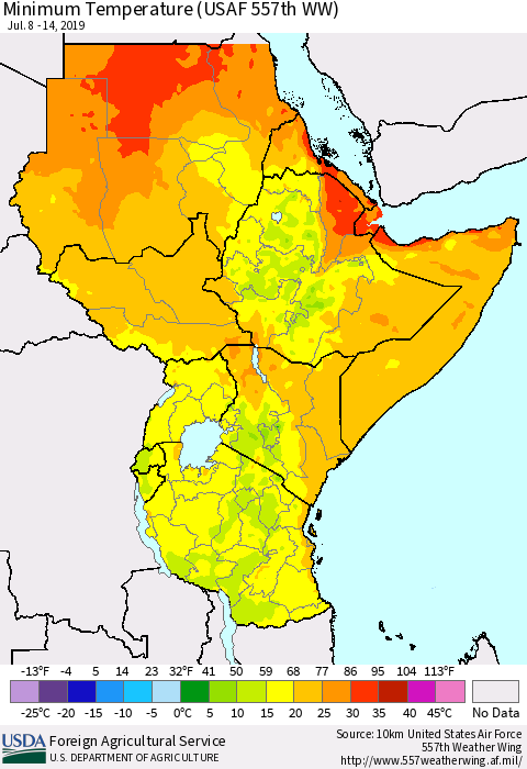 Eastern Africa Mean Minimum Temperature (USAF 557th WW) Thematic Map For 7/8/2019 - 7/14/2019