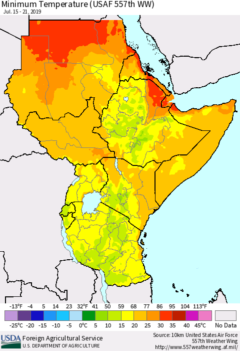Eastern Africa Mean Minimum Temperature (USAF 557th WW) Thematic Map For 7/15/2019 - 7/21/2019