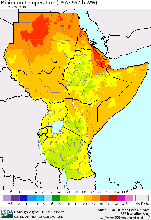 Eastern Africa Mean Minimum Temperature (USAF 557th WW) Thematic Map For 7/22/2019 - 7/28/2019