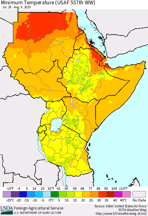 Eastern Africa Mean Minimum Temperature (USAF 557th WW) Thematic Map For 7/29/2019 - 8/4/2019