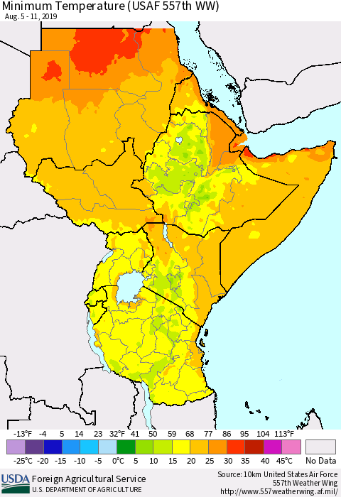 Eastern Africa Mean Minimum Temperature (USAF 557th WW) Thematic Map For 8/5/2019 - 8/11/2019