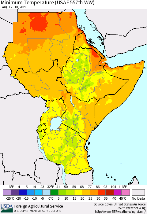 Eastern Africa Mean Minimum Temperature (USAF 557th WW) Thematic Map For 8/12/2019 - 8/18/2019