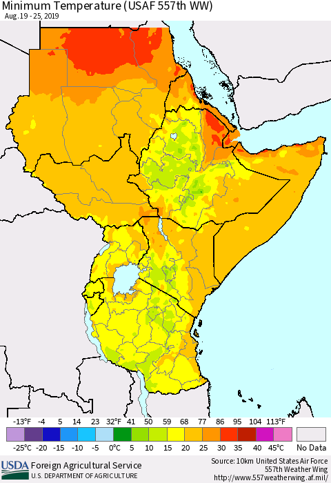 Eastern Africa Mean Minimum Temperature (USAF 557th WW) Thematic Map For 8/19/2019 - 8/25/2019