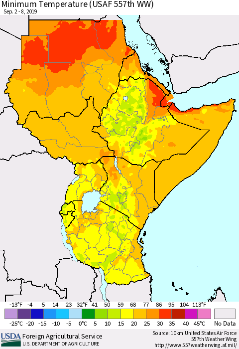 Eastern Africa Mean Minimum Temperature (USAF 557th WW) Thematic Map For 9/2/2019 - 9/8/2019
