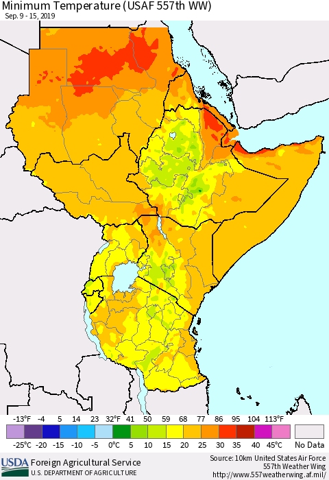 Eastern Africa Mean Minimum Temperature (USAF 557th WW) Thematic Map For 9/9/2019 - 9/15/2019