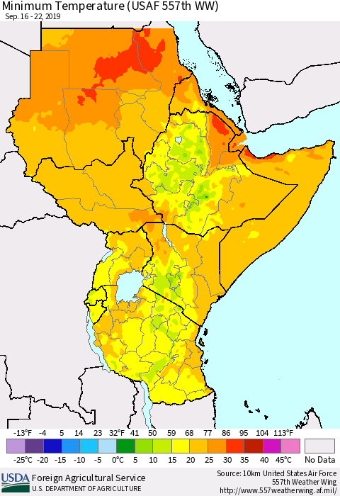 Eastern Africa Mean Minimum Temperature (USAF 557th WW) Thematic Map For 9/16/2019 - 9/22/2019