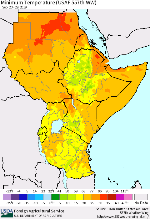 Eastern Africa Mean Minimum Temperature (USAF 557th WW) Thematic Map For 9/23/2019 - 9/29/2019