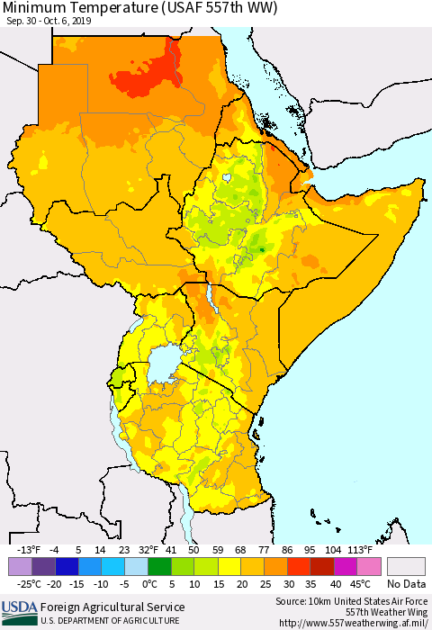 Eastern Africa Mean Minimum Temperature (USAF 557th WW) Thematic Map For 9/30/2019 - 10/6/2019