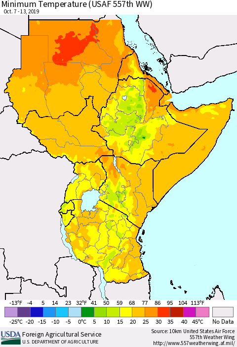 Eastern Africa Mean Minimum Temperature (USAF 557th WW) Thematic Map For 10/7/2019 - 10/13/2019