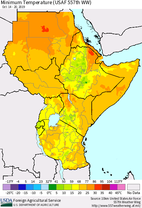 Eastern Africa Mean Minimum Temperature (USAF 557th WW) Thematic Map For 10/14/2019 - 10/20/2019