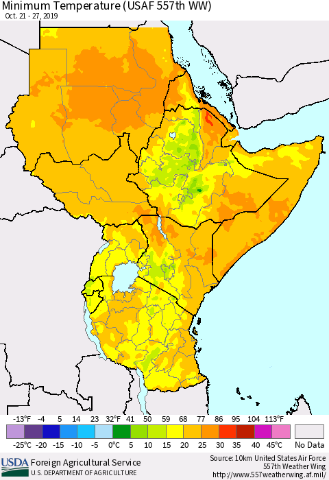 Eastern Africa Mean Minimum Temperature (USAF 557th WW) Thematic Map For 10/21/2019 - 10/27/2019