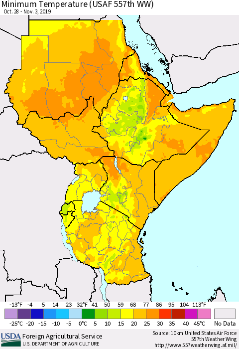 Eastern Africa Mean Minimum Temperature (USAF 557th WW) Thematic Map For 10/28/2019 - 11/3/2019