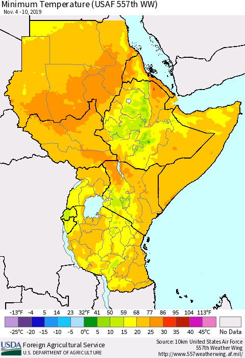 Eastern Africa Mean Minimum Temperature (USAF 557th WW) Thematic Map For 11/4/2019 - 11/10/2019