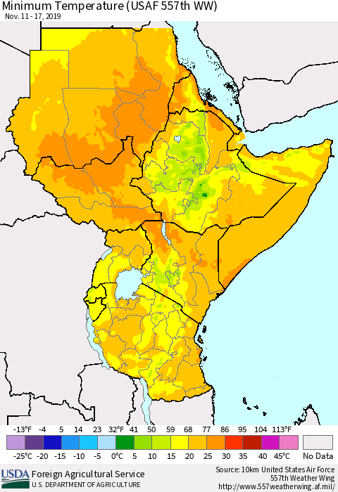 Eastern Africa Mean Minimum Temperature (USAF 557th WW) Thematic Map For 11/11/2019 - 11/17/2019