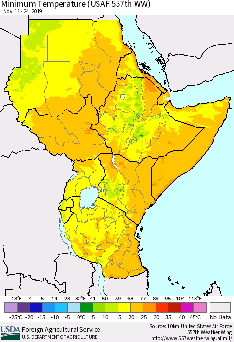 Eastern Africa Mean Minimum Temperature (USAF 557th WW) Thematic Map For 11/18/2019 - 11/24/2019