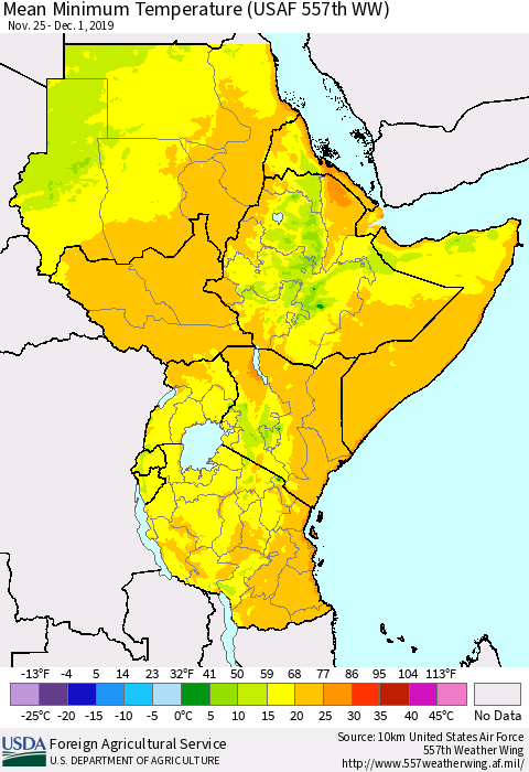 Eastern Africa Mean Minimum Temperature (USAF 557th WW) Thematic Map For 11/25/2019 - 12/1/2019