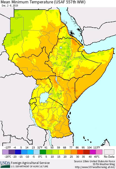 Eastern Africa Mean Minimum Temperature (USAF 557th WW) Thematic Map For 12/2/2019 - 12/8/2019