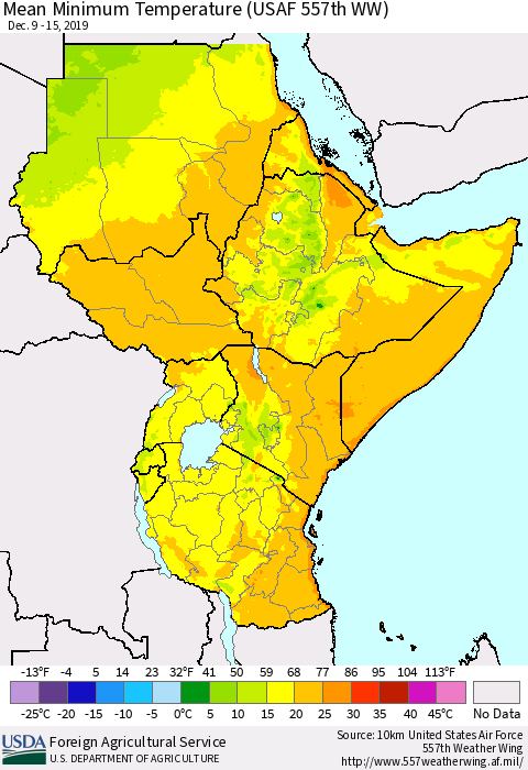 Eastern Africa Mean Minimum Temperature (USAF 557th WW) Thematic Map For 12/9/2019 - 12/15/2019