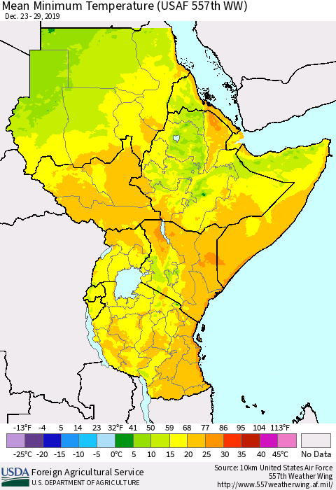Eastern Africa Mean Minimum Temperature (USAF 557th WW) Thematic Map For 12/23/2019 - 12/29/2019