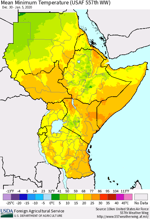 Eastern Africa Mean Minimum Temperature (USAF 557th WW) Thematic Map For 12/30/2019 - 1/5/2020