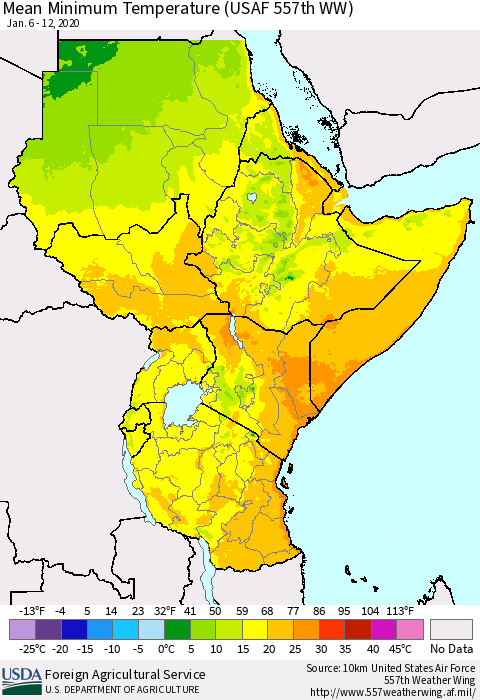 Eastern Africa Mean Minimum Temperature (USAF 557th WW) Thematic Map For 1/6/2020 - 1/12/2020