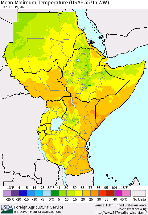Eastern Africa Mean Minimum Temperature (USAF 557th WW) Thematic Map For 1/13/2020 - 1/19/2020