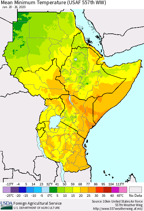 Eastern Africa Mean Minimum Temperature (USAF 557th WW) Thematic Map For 1/20/2020 - 1/26/2020