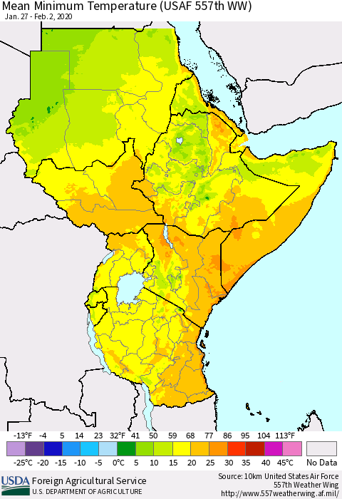 Eastern Africa Mean Minimum Temperature (USAF 557th WW) Thematic Map For 1/27/2020 - 2/2/2020