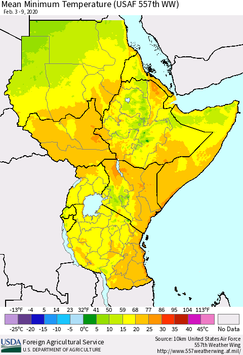 Eastern Africa Mean Minimum Temperature (USAF 557th WW) Thematic Map For 2/3/2020 - 2/9/2020