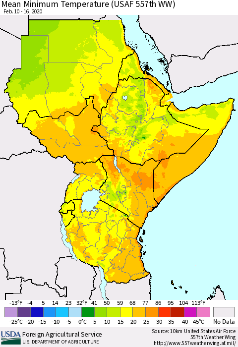 Eastern Africa Mean Minimum Temperature (USAF 557th WW) Thematic Map For 2/10/2020 - 2/16/2020