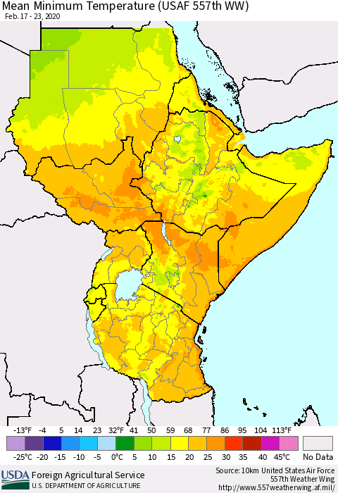 Eastern Africa Mean Minimum Temperature (USAF 557th WW) Thematic Map For 2/17/2020 - 2/23/2020