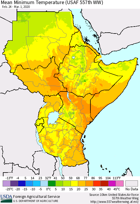 Eastern Africa Mean Minimum Temperature (USAF 557th WW) Thematic Map For 2/24/2020 - 3/1/2020