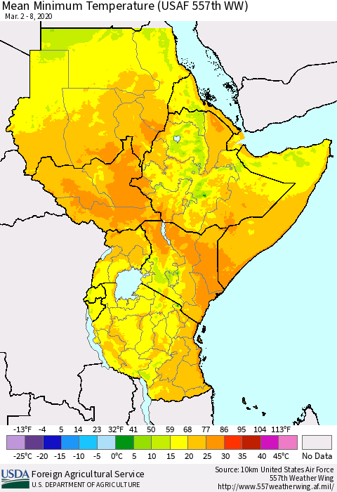 Eastern Africa Mean Minimum Temperature (USAF 557th WW) Thematic Map For 3/2/2020 - 3/8/2020
